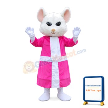 Dancing White Mouse With Pink Dress Mascot Costume