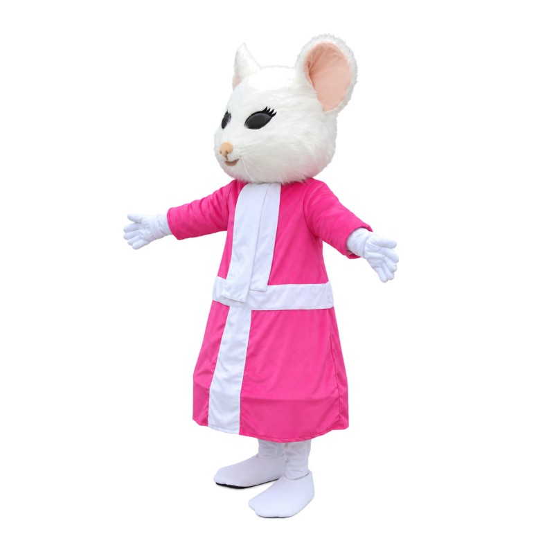 Dancing White Mouse With Pink Dress Mascot Costume