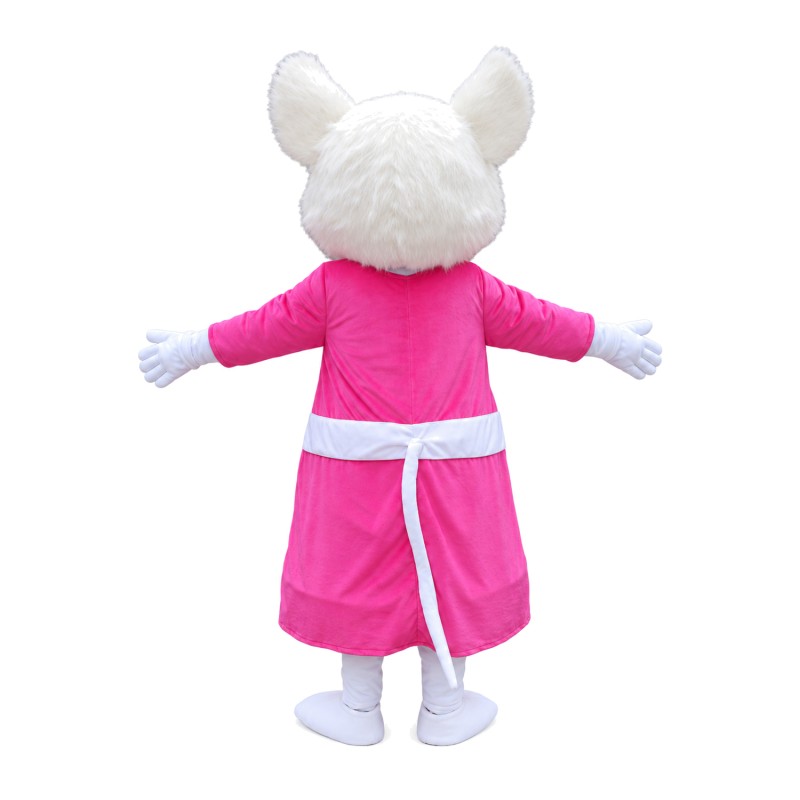 Dancing White Mouse With Pink Dress Mascot Costume