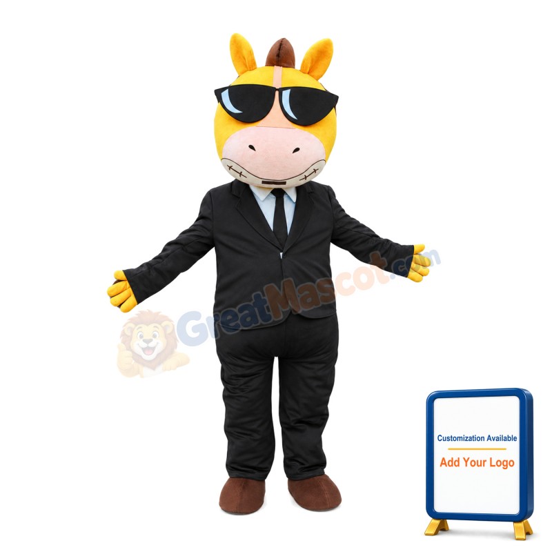 Adult Style Horse In Black Suit And Sunglasses Mascot Costume