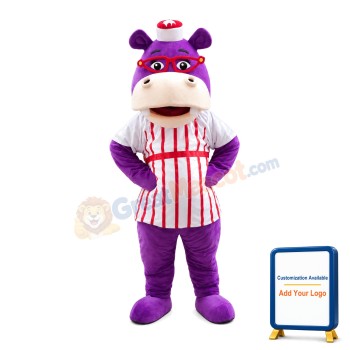 Purple Hippo With Red Glasses And Striped Shirt Mascot Costume