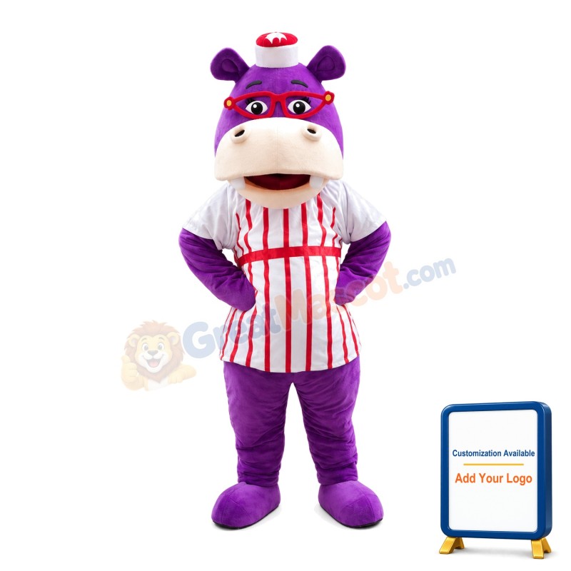 Purple Hippo With Red Glasses And Striped Shirt Mascot Costume