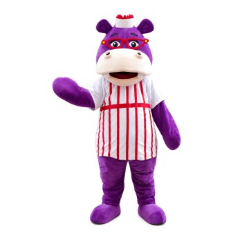 Purple Hippo With Red Glasses And Striped Shirt Mascot Costume