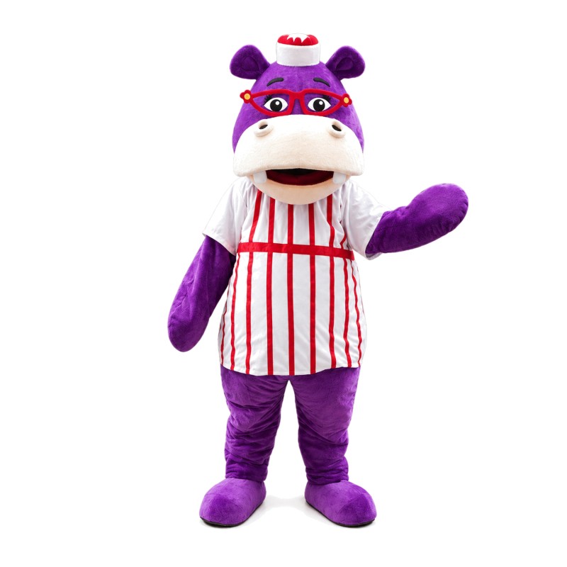 Purple Hippo With Red Glasses And Striped Shirt Mascot Costume