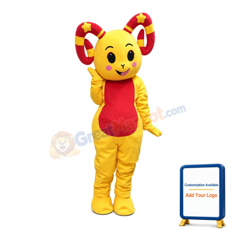 Happy Smiling Red & Yellow Sheep With Curved Claws Mascot Costume