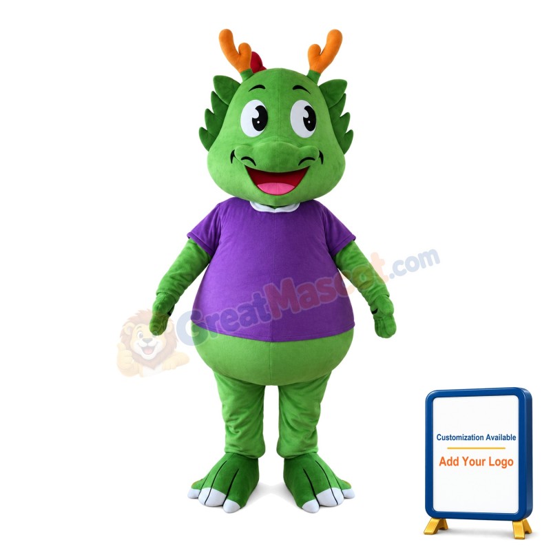 Cartoon Smiling Green Dragon With Purple Top Mascot Costume