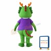Cartoon Smiling Green Dragon With Purple Top Mascot Costume