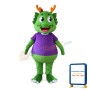 Cartoon Smiling Green Dragon With Purple Top Mascot Costume