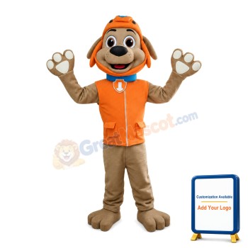 Adult Size Excited Grey Dog With Orange Top Mascot Costume