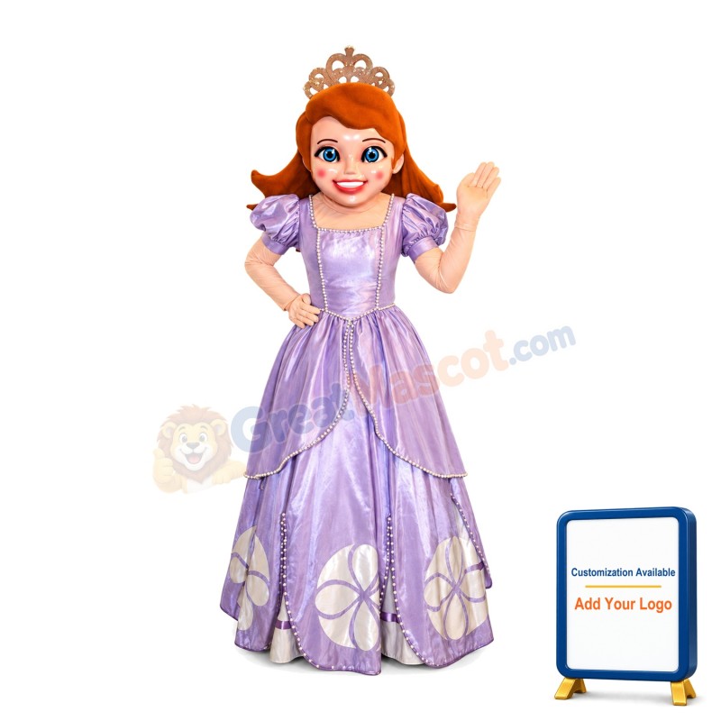 Beautiful Brown Hair Princess With Bright Purple Dress Mascot Costume