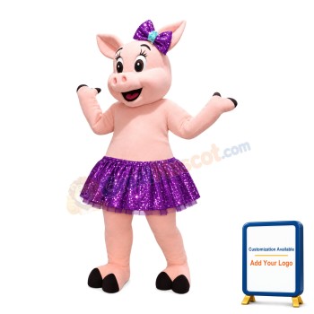Beautiful Pig Girl With Purple Skirt And Bow Mascot Costume