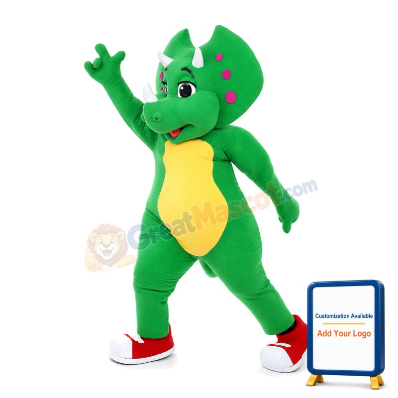 Walking Green Dinosaur In Red Shoes Mascot Costume