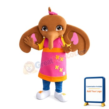 Cute Brown Elephant With Pink Apron Mascot Costume