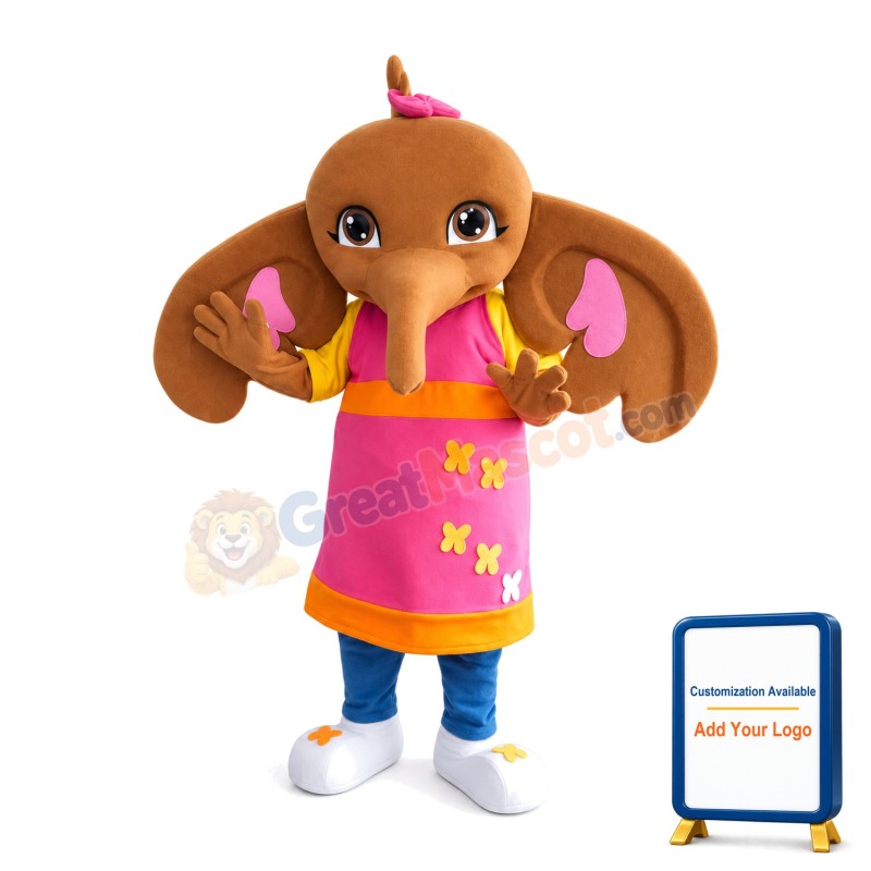 Cute Brown Elephant With Pink Apron Mascot Costume