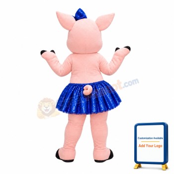 Dancing Pig With Blue Sequined Skirt And Bow Mascot Costume