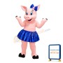 Dancing Pig With Blue Sequined Skirt And Bow Mascot Costume