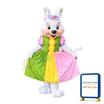 Beautiful White Rabbit With Colorful Dress Mascot Costume