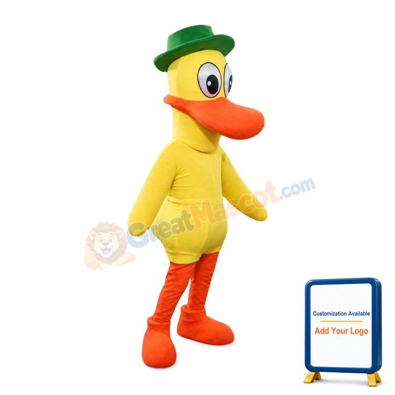 Big Mouth Yellow Duck With Green Hat Mascot Costume