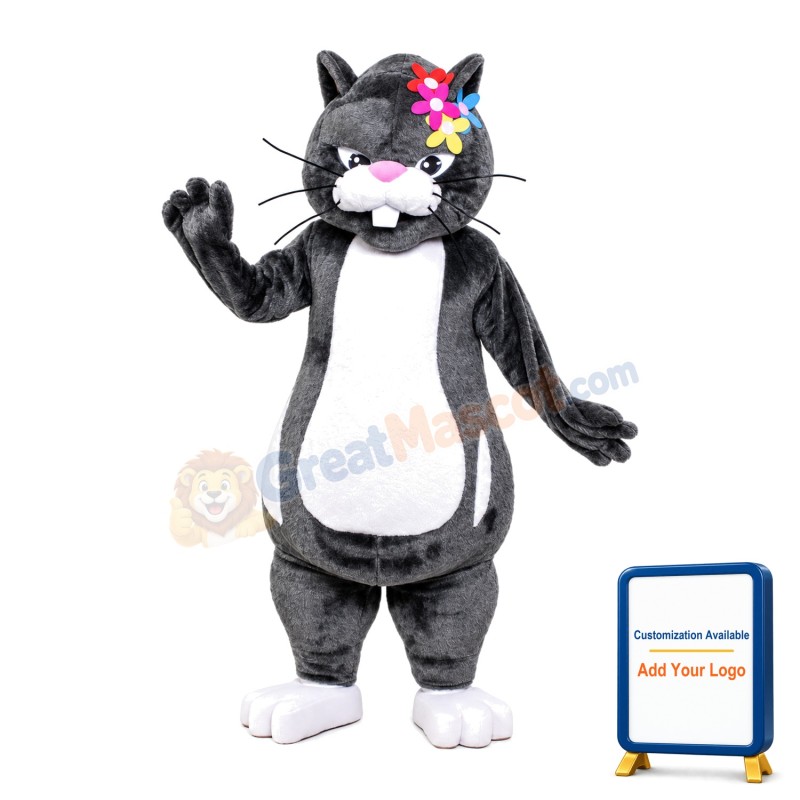 Grey Rabbit With Colorful Flower On Head Mascot Costume