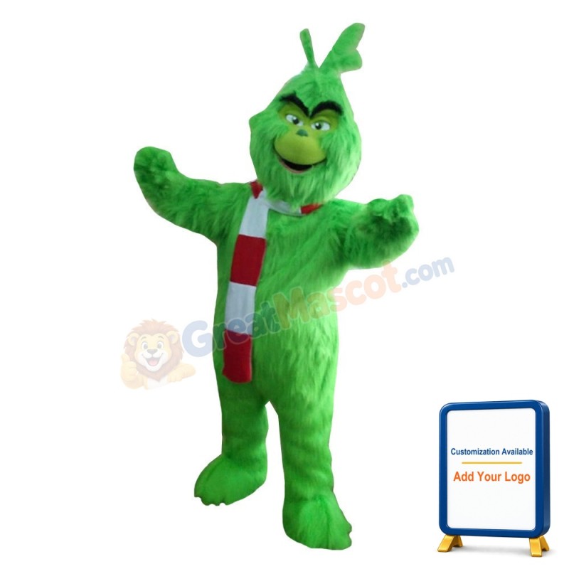 Long Fur Green Monster With Scarf Mascot Costume