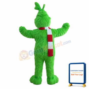 Long Fur Green Monster With Scarf Mascot Costume