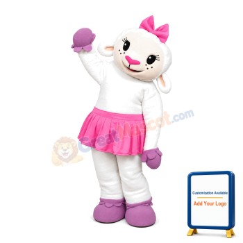 White Furry Sheep In Pink Skirt Mascot Costume