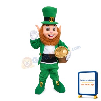 Bearded Green Elf Holding Money Box Mascot Costume