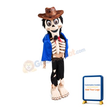 Scary Skeleton Wearing Blue Coat Mascot Costume