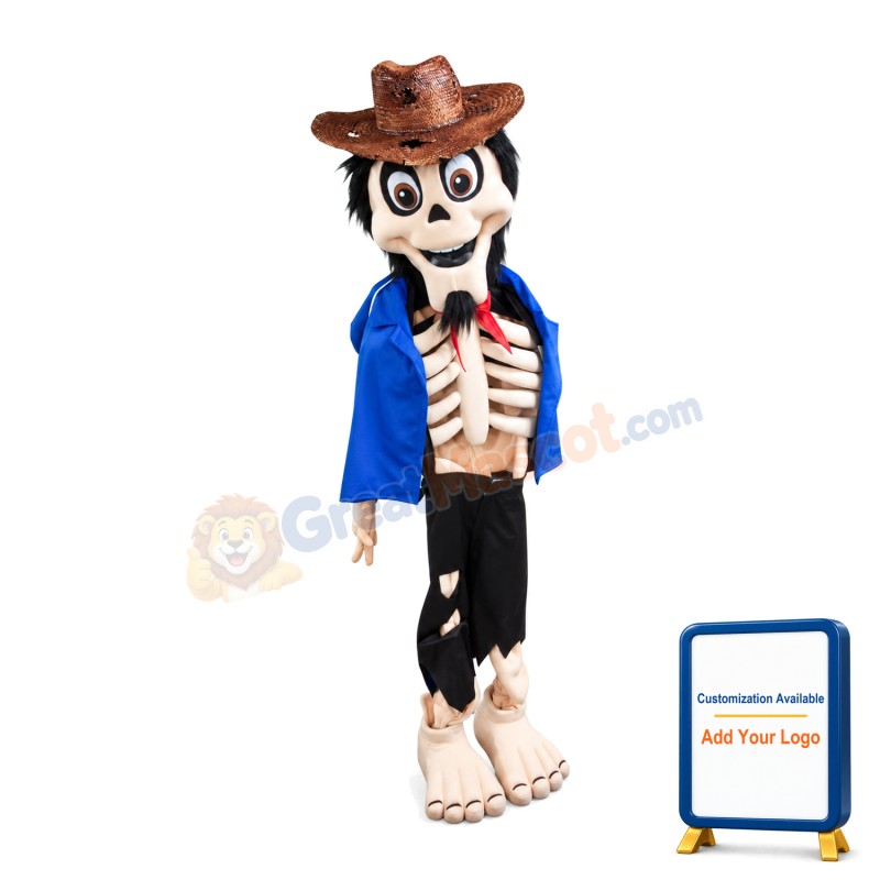 Scary Skeleton Wearing Blue Coat Mascot Costume