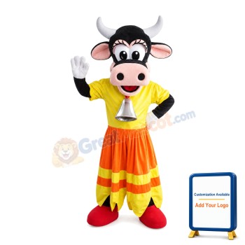 Wearing Yellow Dress Cow With Sliver Bell Mascot Costume