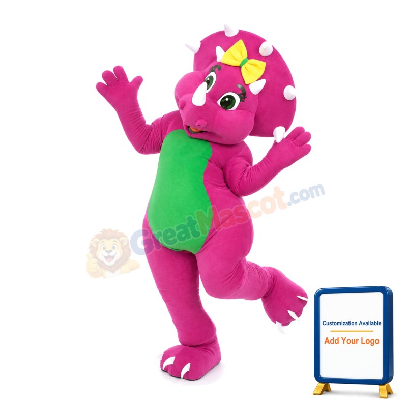 Rose Red Triceratops With Yellow Bow Mascot Costume