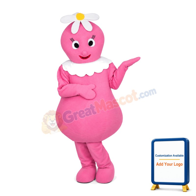 Round Body Pink Doll With Flower On Head Mascot Costume