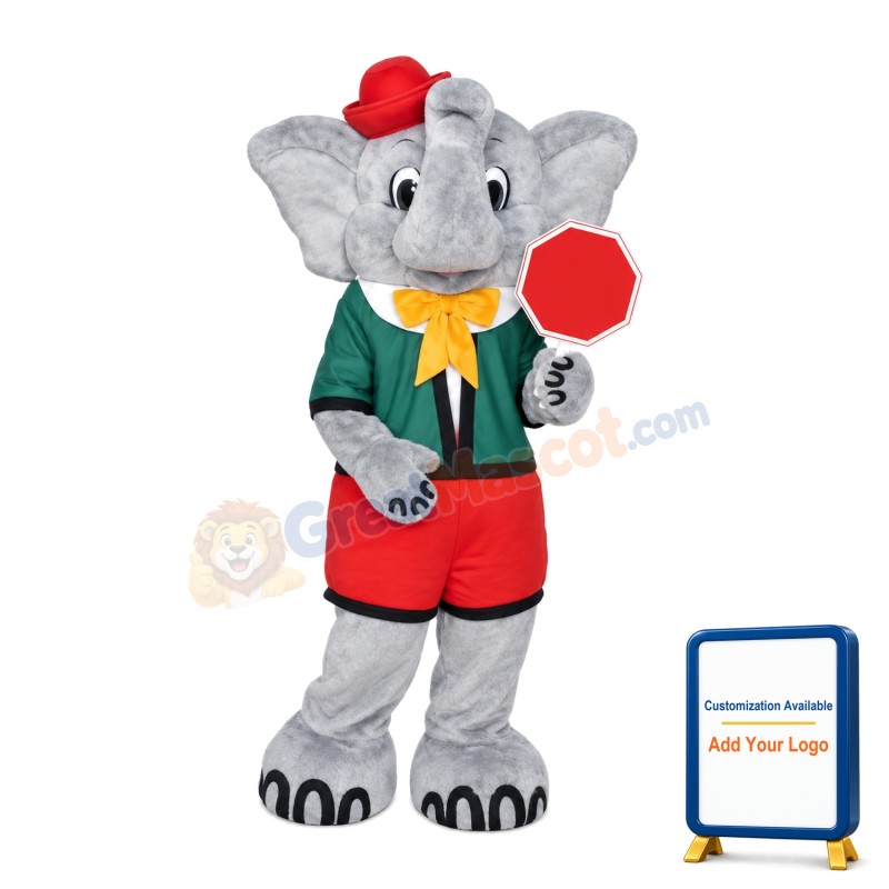 Grey Elephant Holding Stop Sign Mascot Costume