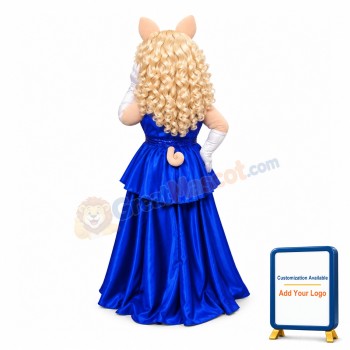 Silver Hair Pig Women With Blue Dress Mascot Costume