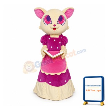 White Cat Wearing Purple Dress Mascot Costume