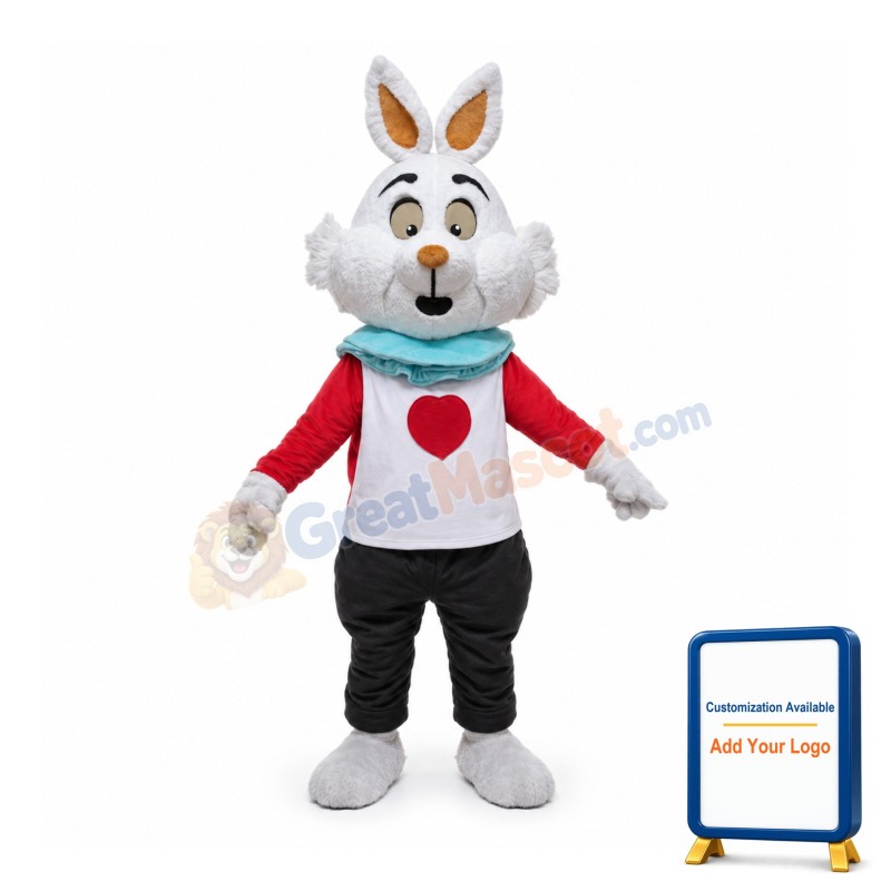 White Rabbit With Light Blue Bib Mascot Costume