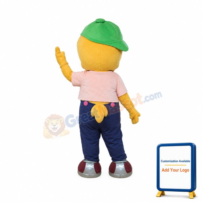 Long Eyelashes Yellow Bird With Green Sun Hat Mascot Costume
