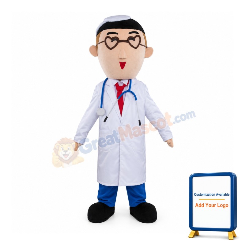 Male Doctor With Heart Shaped Glasses Mascot Costume