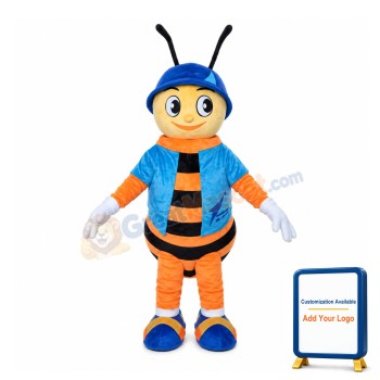 Hard-working Bee With Blue Helmet Mascot Costume