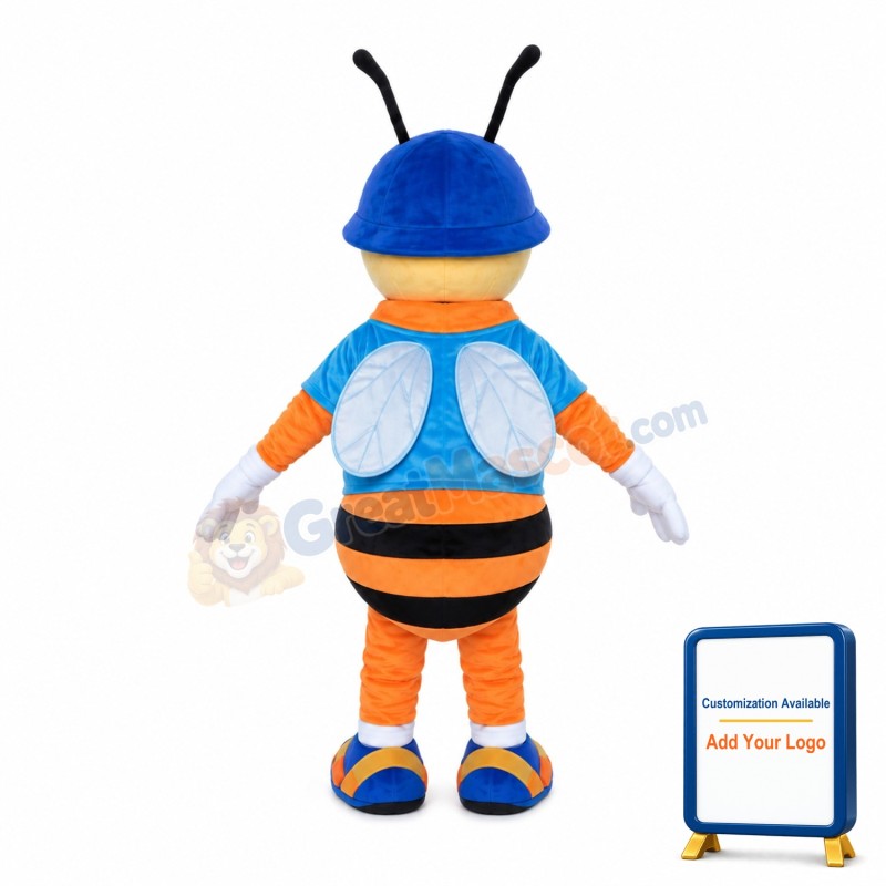 Hard-working Bee With Blue Helmet Mascot Costume