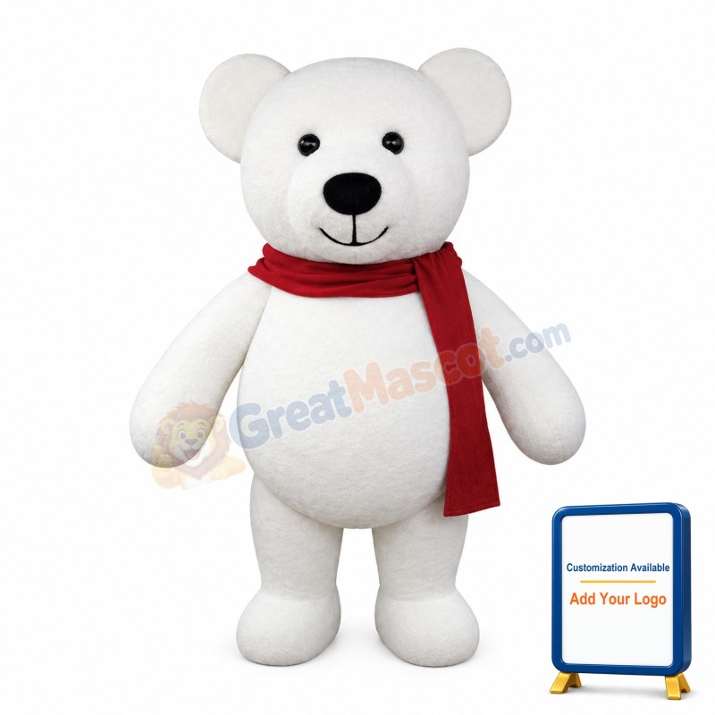 White Teddy Bear With Red Scarf Mascot Costume