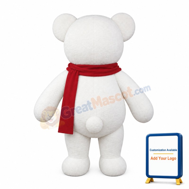 White Teddy Bear With Red Scarf Mascot Costume
