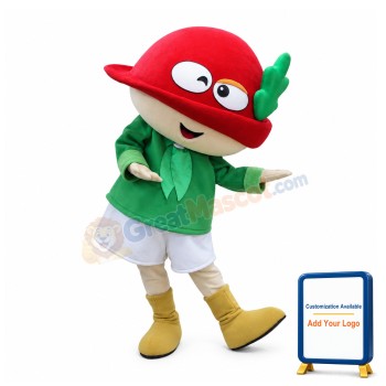 Smiling Doll Wearing Red Bowler Hat Mascot Costume