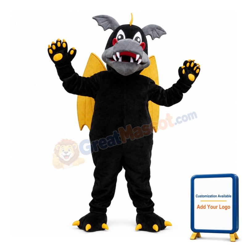 Black Evil Dragon With Yellow Wings Mascot Costume