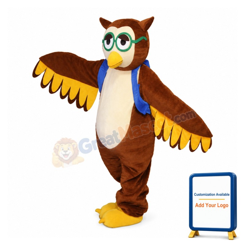 Brown Owl With Green Glasses And Blue Bag Mascot Costume