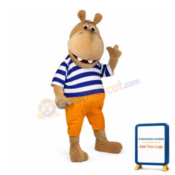 Cartoon Smiling Hippo In Striped Shirt Mascot Costume