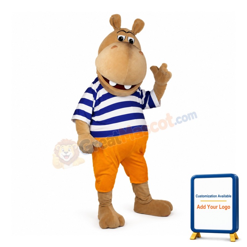 Cartoon Smiling Hippo In Striped Shirt Mascot Costume