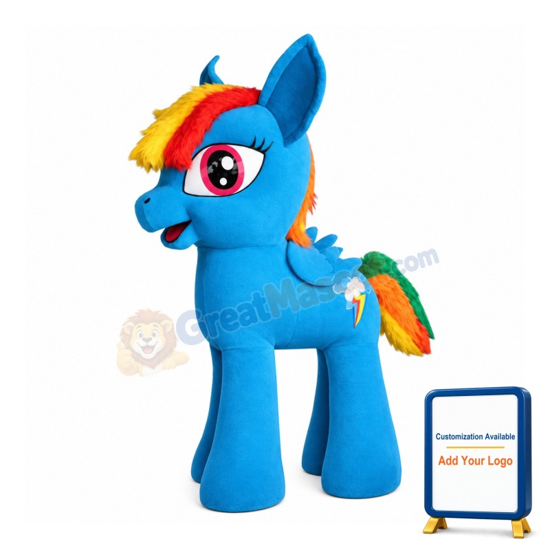 Blue Cartoon Pony With Colorful Tail Mascot Costume