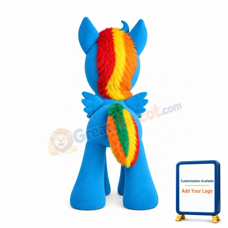 Blue Cartoon Pony With Colorful Tail Mascot Costume