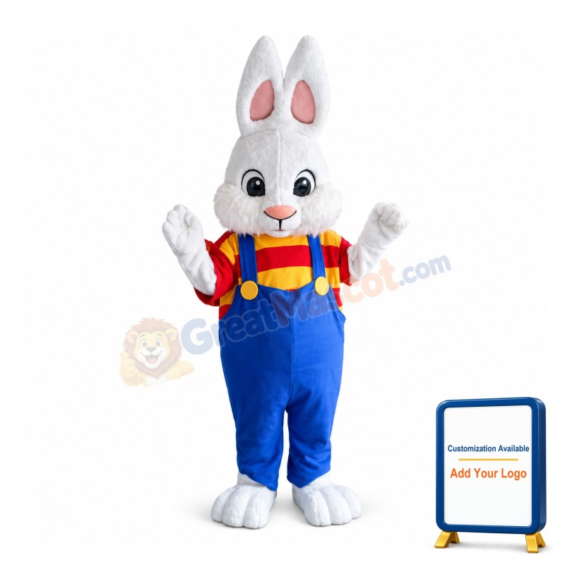 Pointed Ears Rabbit Wearing Blue Overalls Mascot Costume